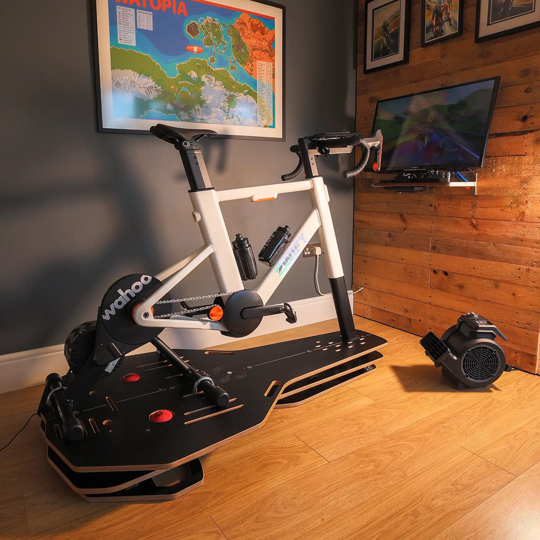 Omnirocker Turbo V2 with the Zwift Bike frame, Zwifting paincave setup.