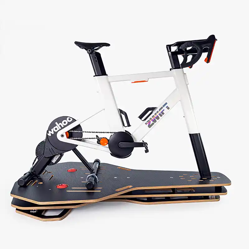 Omnirocker Turbo trainer Rocker Plate with the Zwift Ride smart bike and Wahoo Kickr Core.