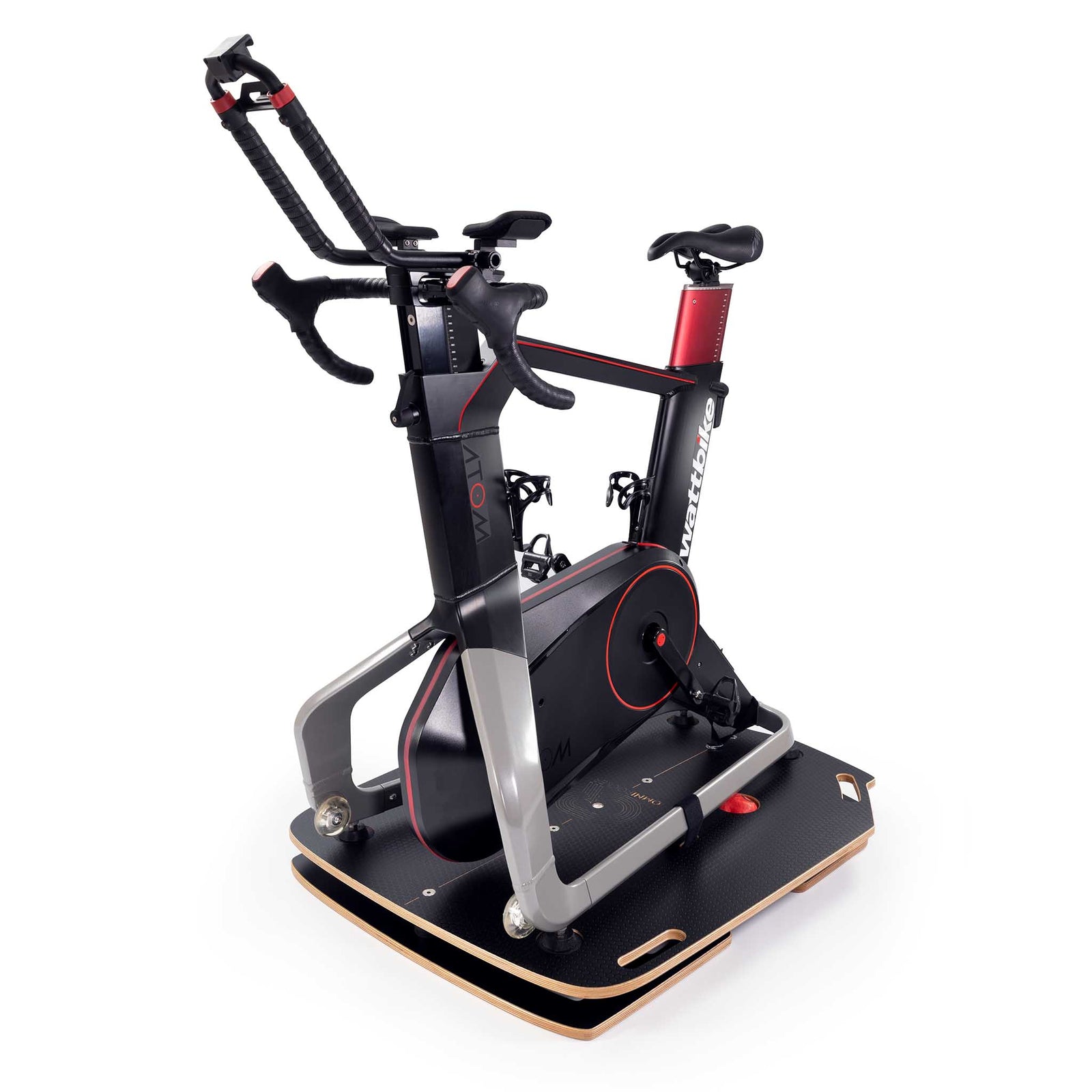 Omnirocker Lite rocker plate with Wattbike Atom smart bike.  Stealth finish.