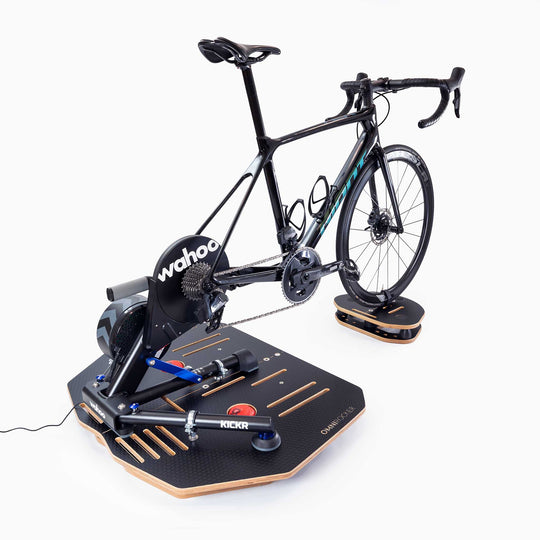 Omnirocker Compact 2 part Rocker Plate with adjustable front Rocking  deck. Fitted with the Wahoo Kickr.