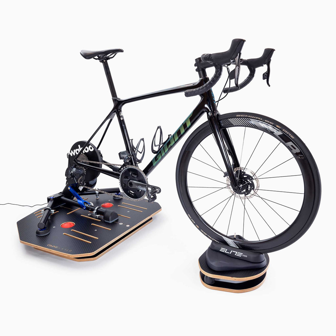 Omnirocker Compact 2 part Rocker Plate with the Wahoo Kickr and the Elite Sterzo.