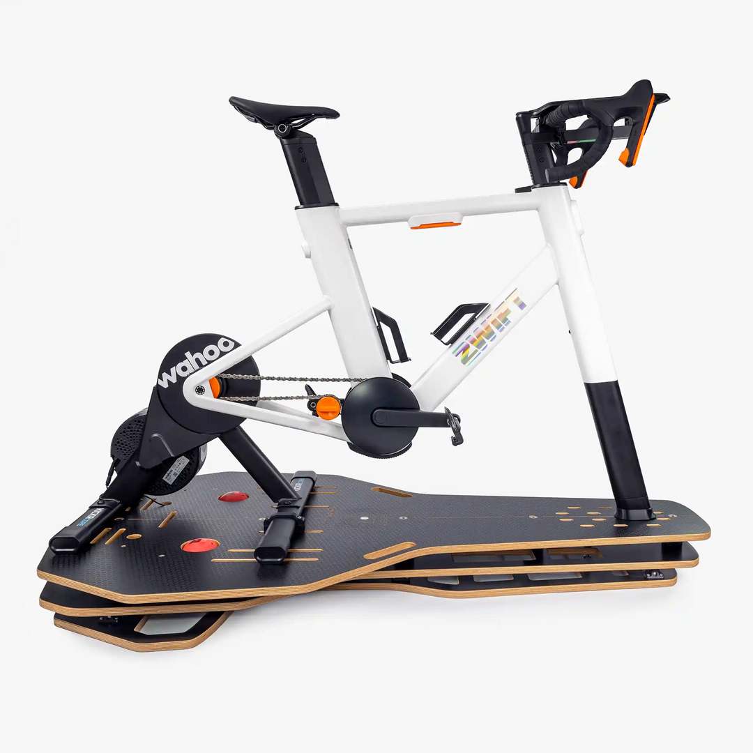 Omnirocker Turbo trainer Rocker Plate with the Zwift Ride smart bike and Wahoo Kickr Core V2 featuring Speed fix kit.