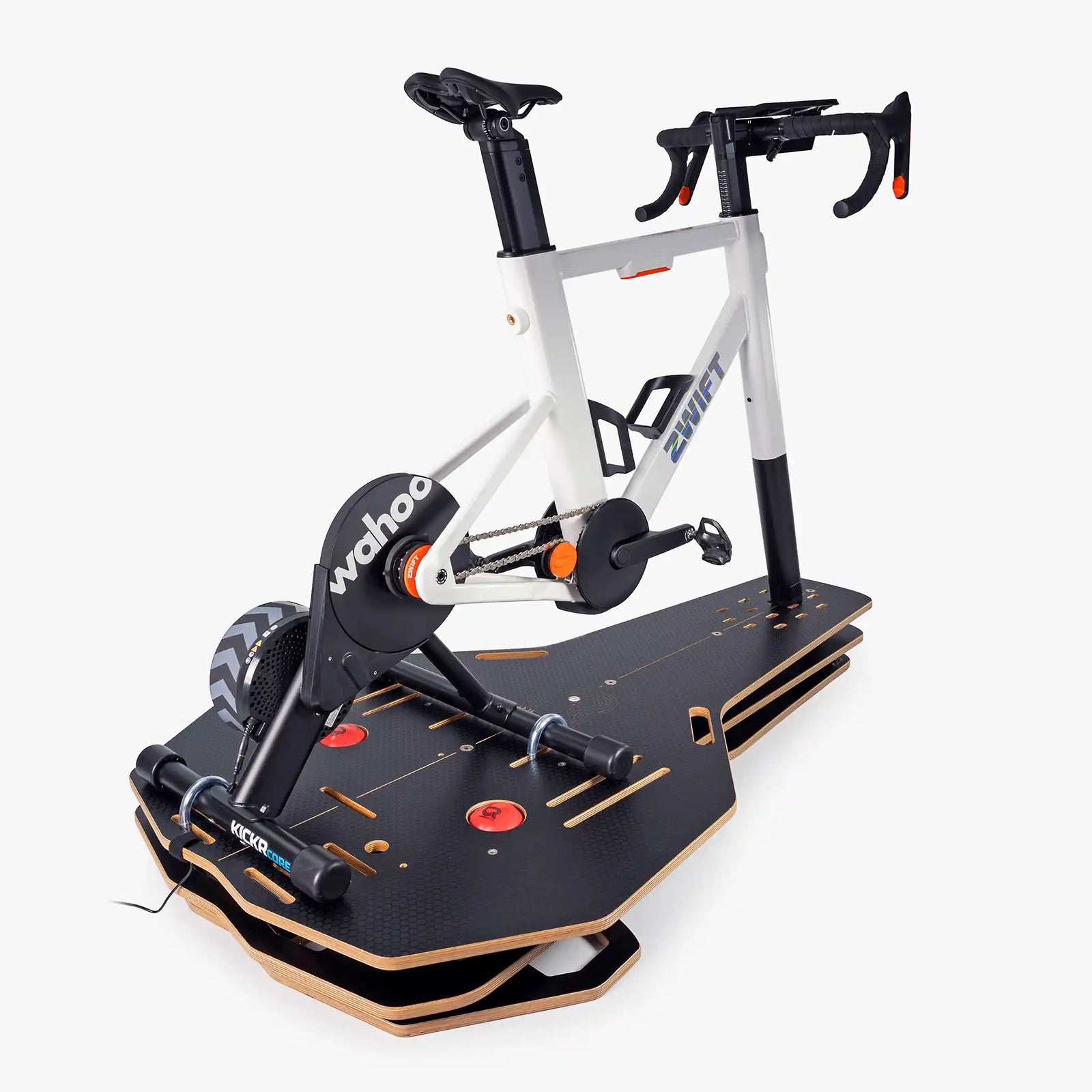 Omnirocker Turbo trainer Rocker Plate with the Zwift Ride smart bike and Wahoo Kickr Core.