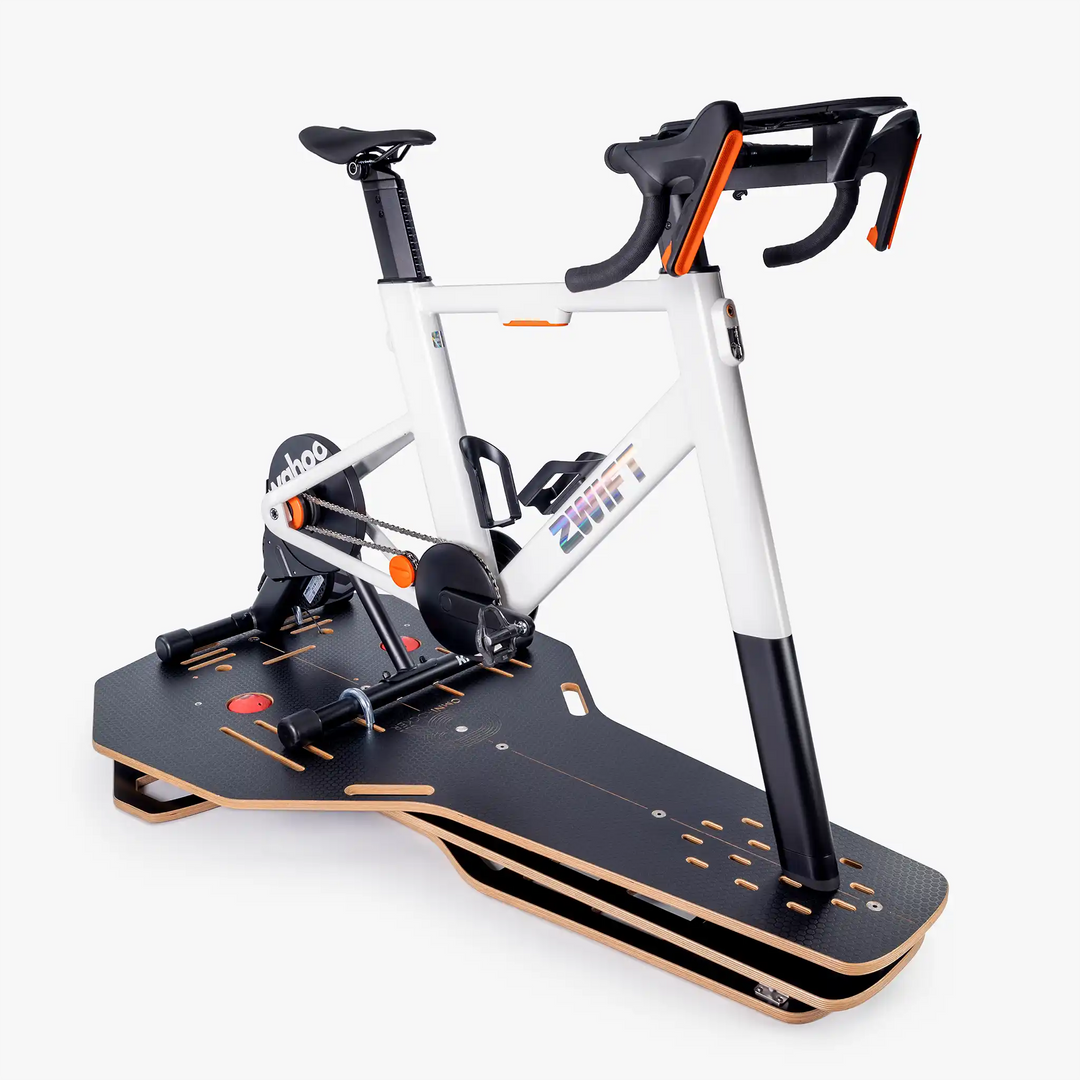 Omnirocker Turbo trainer Rocker Plate with the Zwift Ride smart bike and Wahoo Kickr Core.