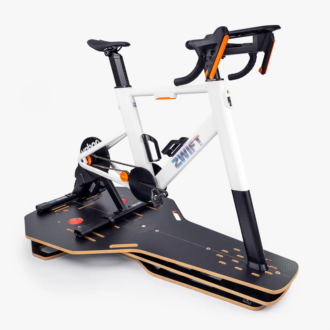 Omnirocker Turbo trainer Rocker Plate with the Zwift Ride smart bike and Wahoo Kickr Core V2 featuring Speed fix mount kit.