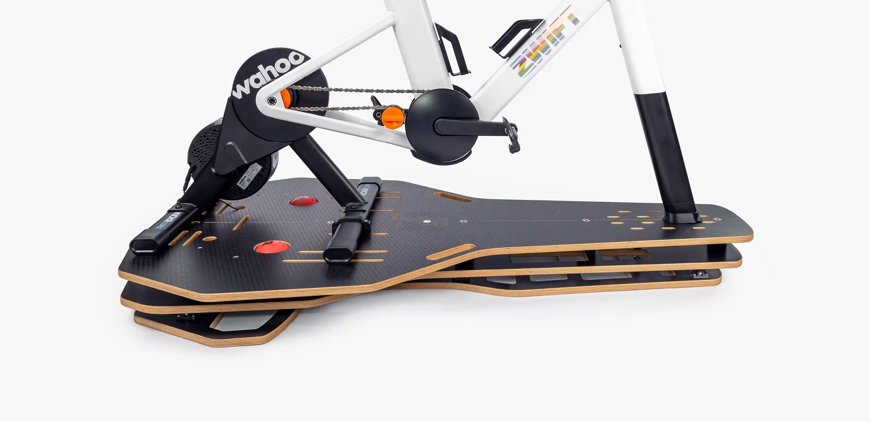 Omnirocker Turbo trainer rocker plate with the Zwift ride frame and Kickr Core V2 featuring Spped fit bracket kit.